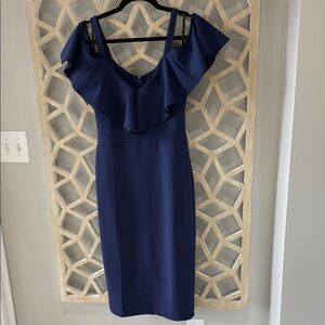 Blue Off the Shoulder Sheath Dress with Flutter Sleeves